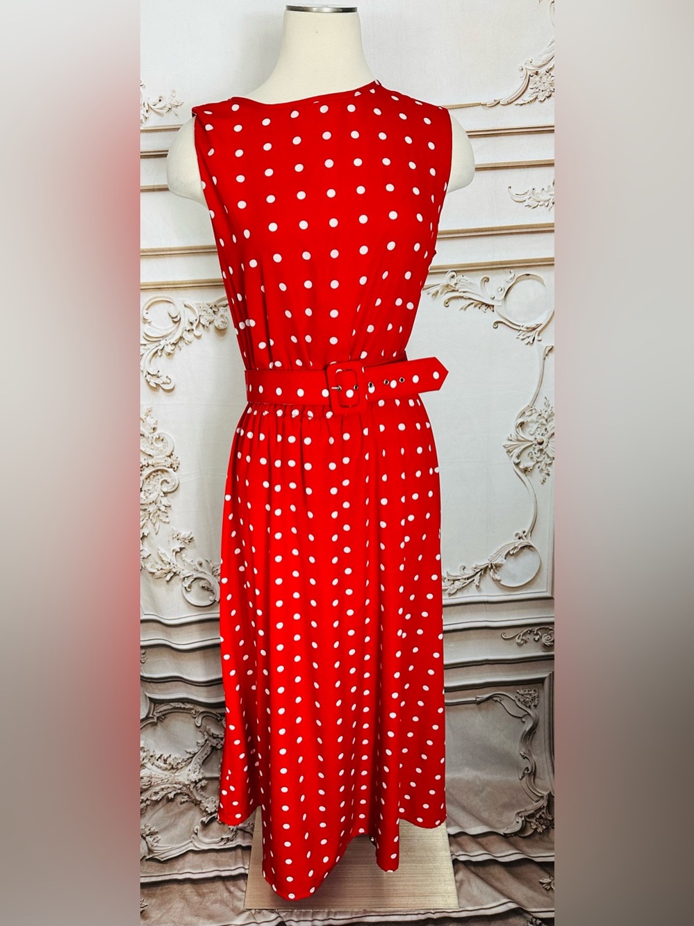 Blair Red Polka Dot Sleeveless Maxi Dress with Belt